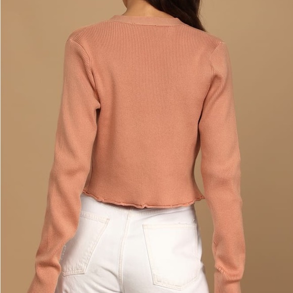 Lulus// Two Cute Peach Ribbed Knit Crop Top and Cardigan Sweater Set - Picture 6 of 12